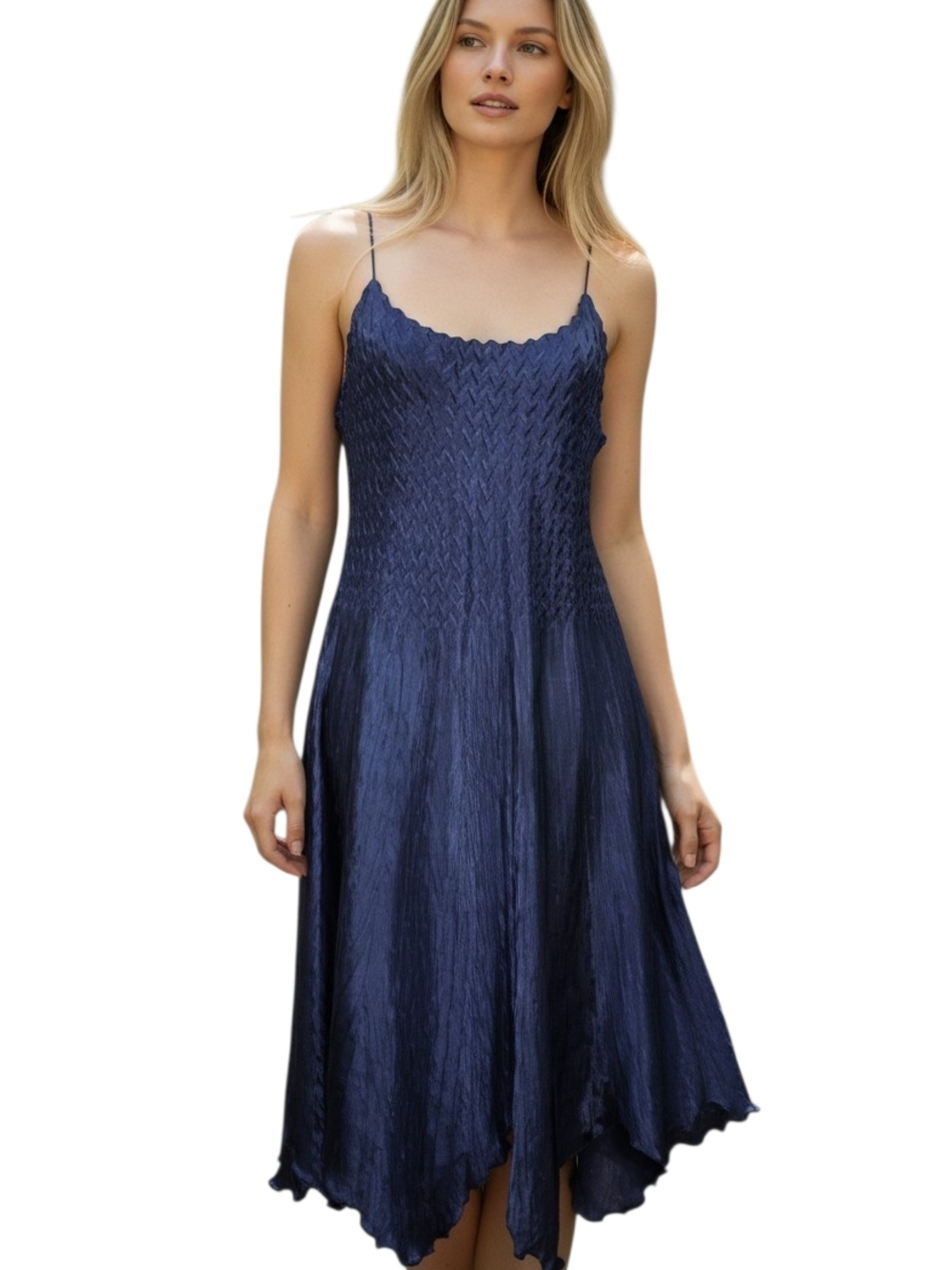 Komarov crinkled Satin Navy Blue Textured Midi length Slip Dress